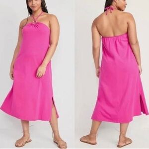 Old Navy Dress Women Size 3x Pink Slub-Knit Halter Midi Shift Side Slit Pullover